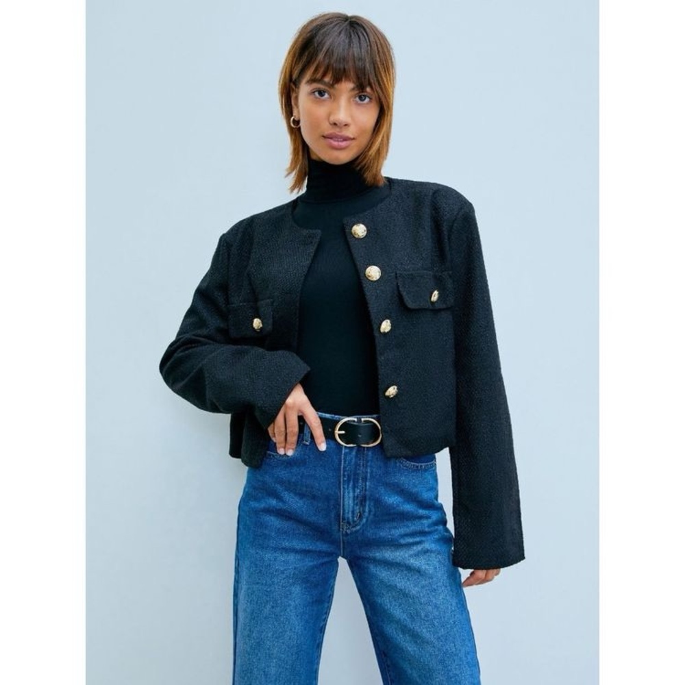 Sz M Cider Tweed Button Crew Neck Jacke Black Women's Jacket with Gold Buttons - Picture 1 of 16
